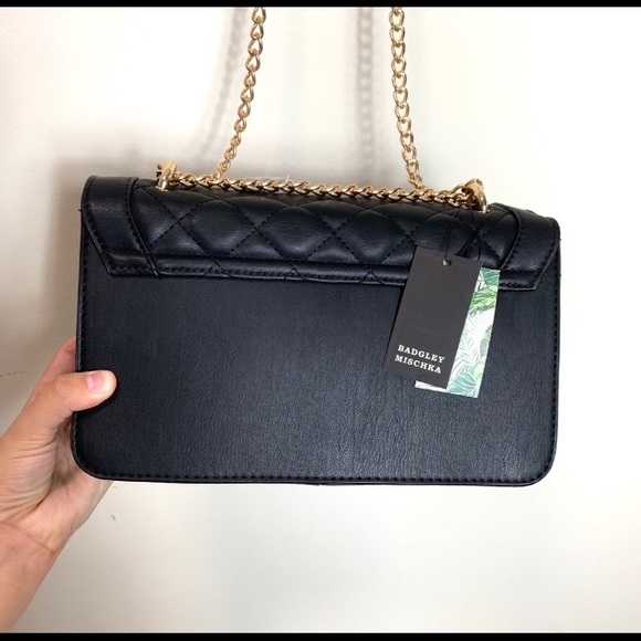 Badgley Mischka black bag cross body chain handle quilted gold studs small bag - Picture 7 of 9